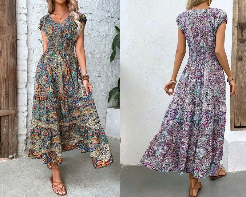 Fashion V-neck Short Sleeve Print Green Maxi Dress Women Summer for sale online in USA for US $15 Free Shipping