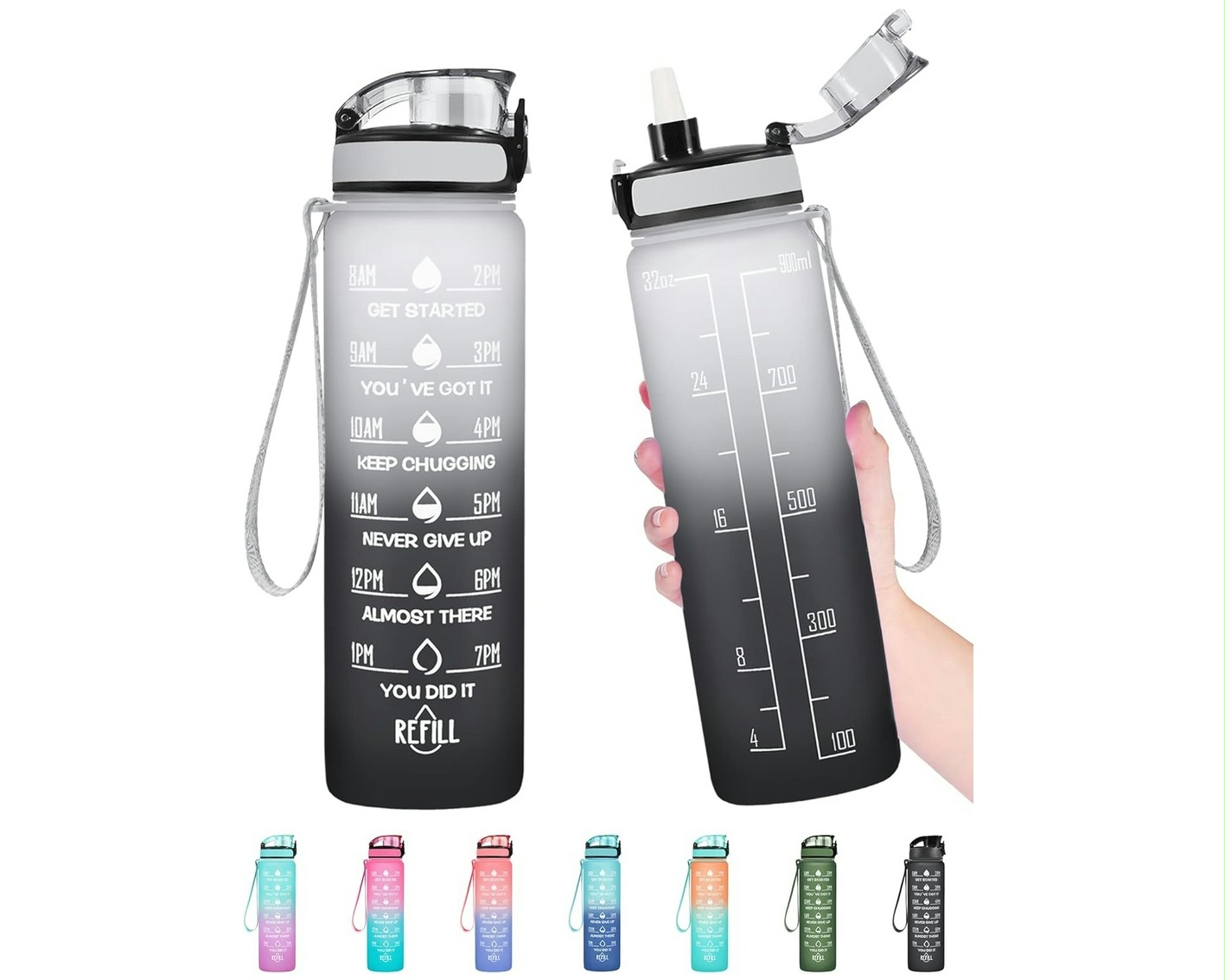 Motivational Water Bottle with Times to Drink and Straw for sale online in USA for US $8 Free Shipping