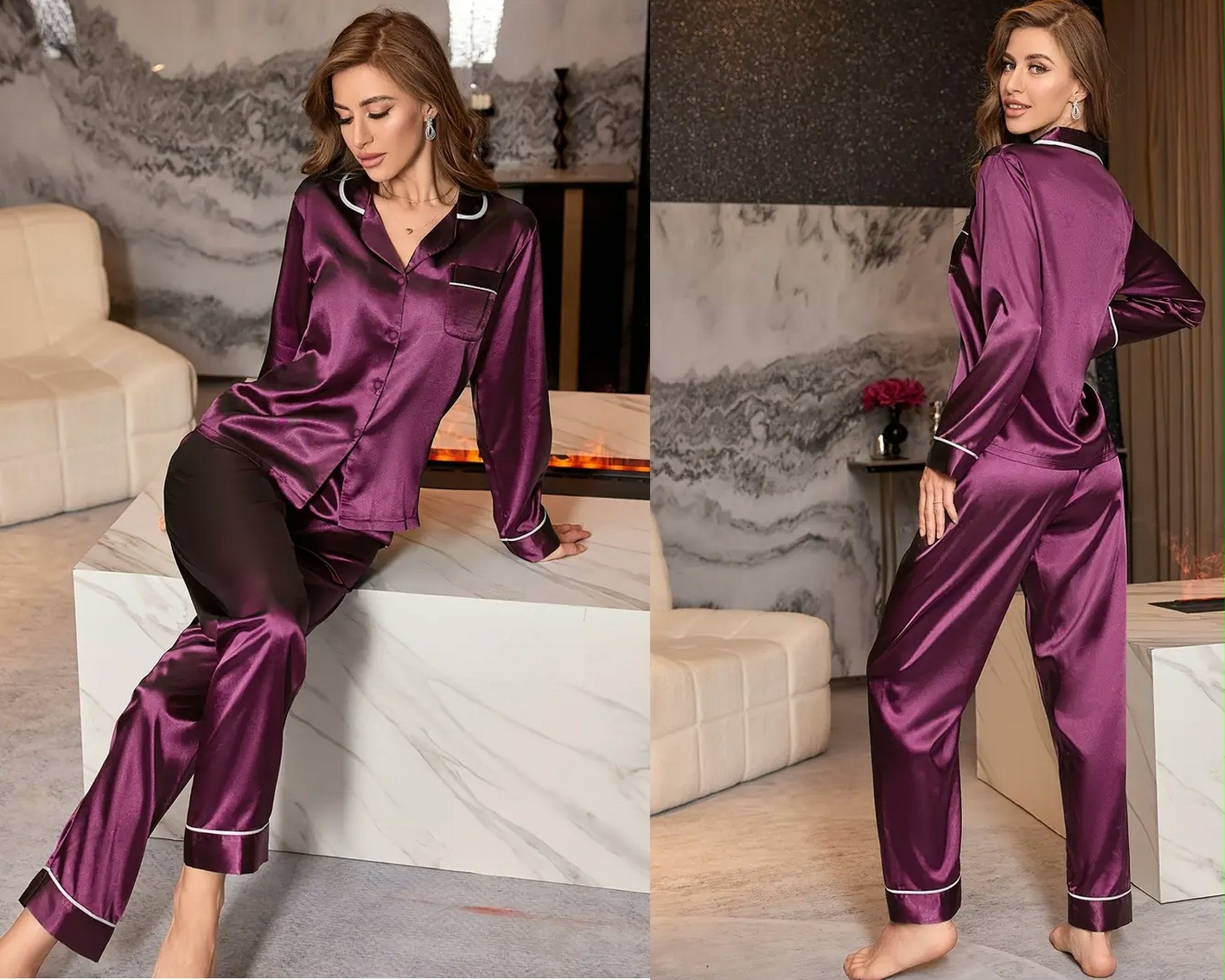 Women’s Solid Satin Casual Pajama Set for sale online in USA for US $7 Free Shipping