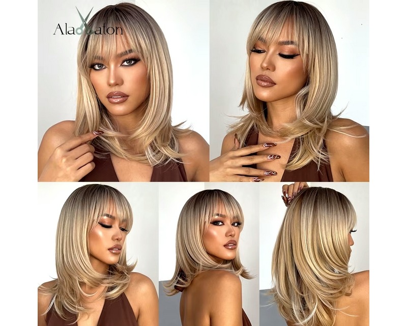 ALAN EATON Synthetic Long Straight Layered Wig with Bangs for Black Women – Ombre Black, Brown, Blonde & Gray Ash Full Wig, 26+ Inch, 130% Density, High Temperature Fiber, Only $5 with Free Shipping