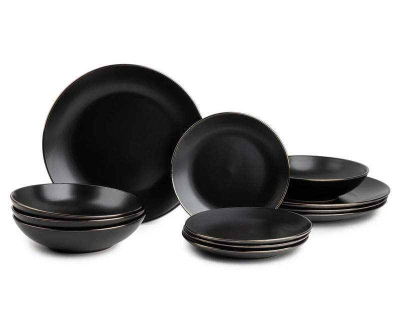 Thyme & Table 12-Piece Stoneware Dinnerware Set - Black Onyx Collection, Stylish & Durable, Includes 4 Dinner Plates, 4 Salad Plates, 4 Bowls, Dishwasher & Microwave Safe, Only $24 with Free Shipping in the USA