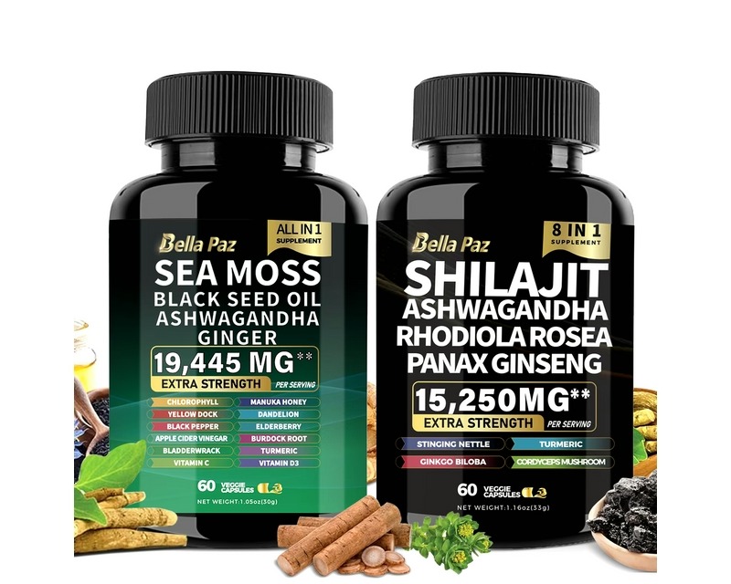 Buy BellaPaz Bundle: Sea Moss 7000mg, Black Seed Oil 4000mg, Ashwagandha 2000mg, Shilajit 9000mg, Ginseng 1500mg – Ultimate Mineral Power Pack Duo with Over 80 Trace Minerals & 92 Essential Nutrients – Only $8 with Free Shipping to Your Home in the USA