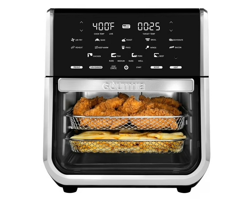 Buy Gourmia All-in-One 14-Quart Air Fryer, Oven, Rotisserie & Dehydrator with Temperature Probe for $50 - Free Home Shipping in the USA - 28 Cooking Presets, Dishwasher-Safe Accessories, and More