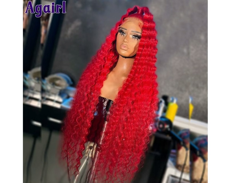 Red Color 13X6 Deep Wave Lace Frontal Wig for Women - $53 with Free Shipping